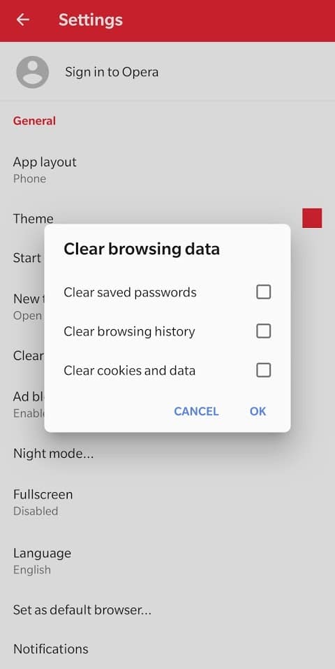 A Pop-up menu will open up asking for the kind of data to delete