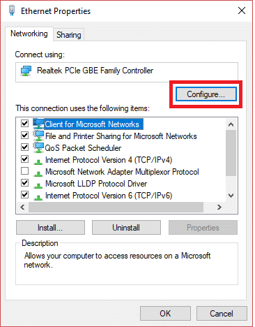 A network properties dialogue box will open. Click on the “Configure” button.