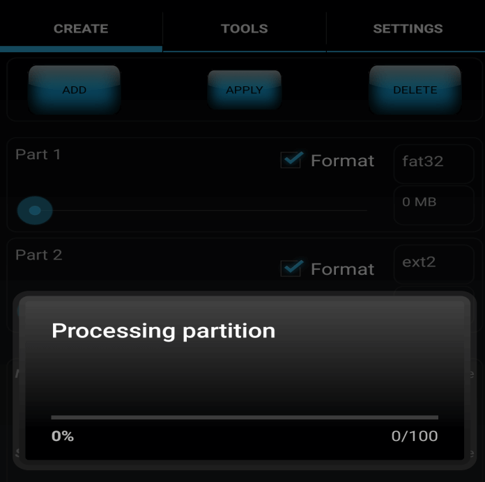 A pop up will appear saying processing partition | Force Move Apps to an SD Card on Android