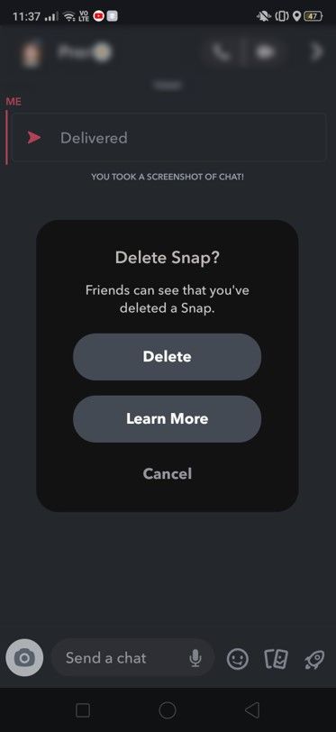 A pop-up will appear to confirm if you want to delete the snap, tap on Delete.