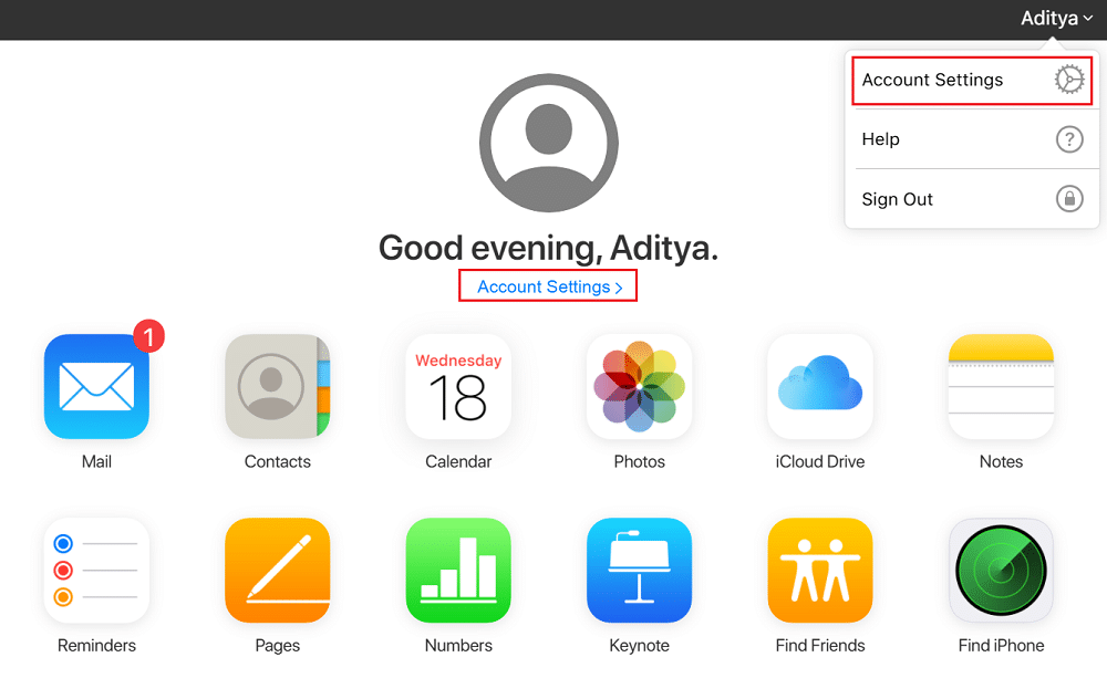 Account Settings on icloud page