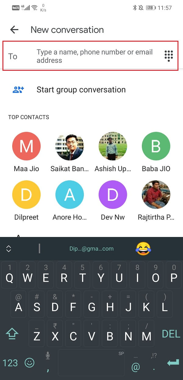 Add number or contact name in section marked for Recipients | Send Picture via Email or Text Message on Android