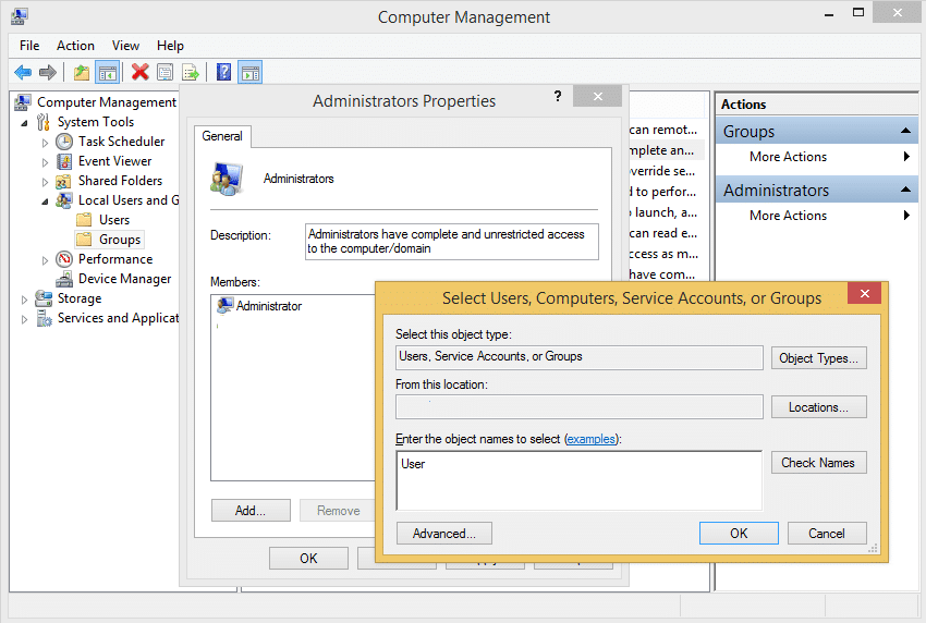 Add user to the local adminstrator group in computer management