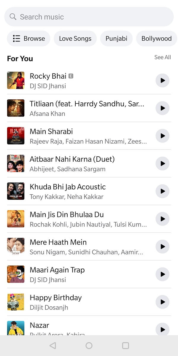 After tapping on the plus icon, the song library will be opened. | How to Add Music to your Facebook Profile