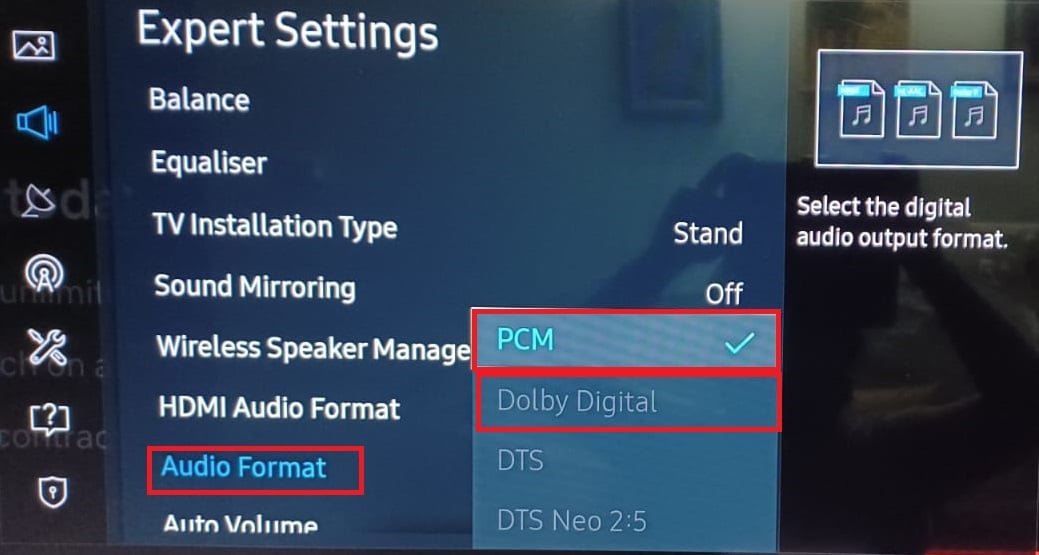 Audio Format PCM Dolby Digital Expert Sound Settings Samsung TV