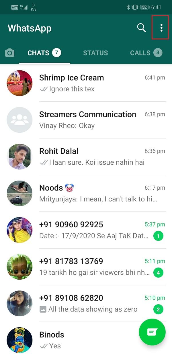 Open WhatsApp and Tap on three-dot menu option on the top-right corner of the screen