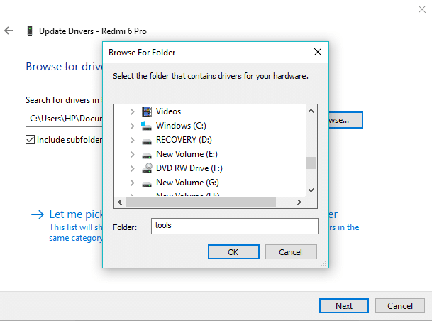 Browse for driver software on your computer and click next
