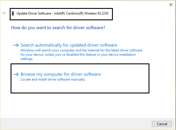 Browse my computer for driver software | Fix The default gateway is not available
