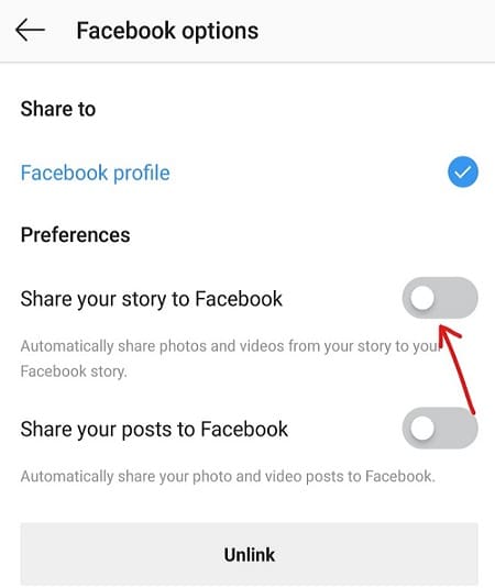 Change settings for Share your story to Facebook and Share your posts to Facebook