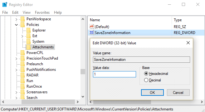 Change the value of SaveZoneInformation to 1