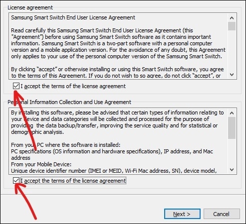 Check both the checkboxes next to I accept the terms of the license agreement