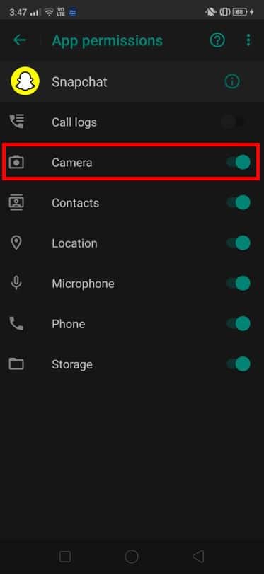 Check if the Camera is present on this list and turn on the toggle