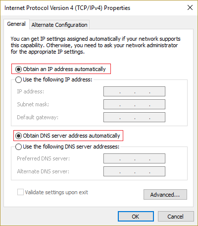 Aktivieren Sie die Kontrollkästchen „IP-Adresse automatisch beziehen“ und „DNS-Serveradresse automatisch beziehen“.