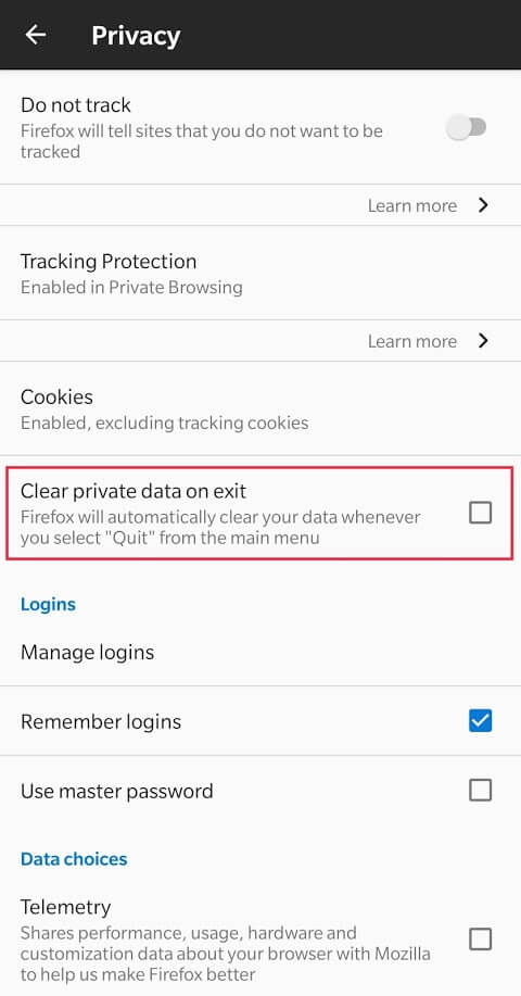 Check off the box located next to “Clear private data on exit”