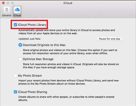 Check the box next to the iCloud Photo Library