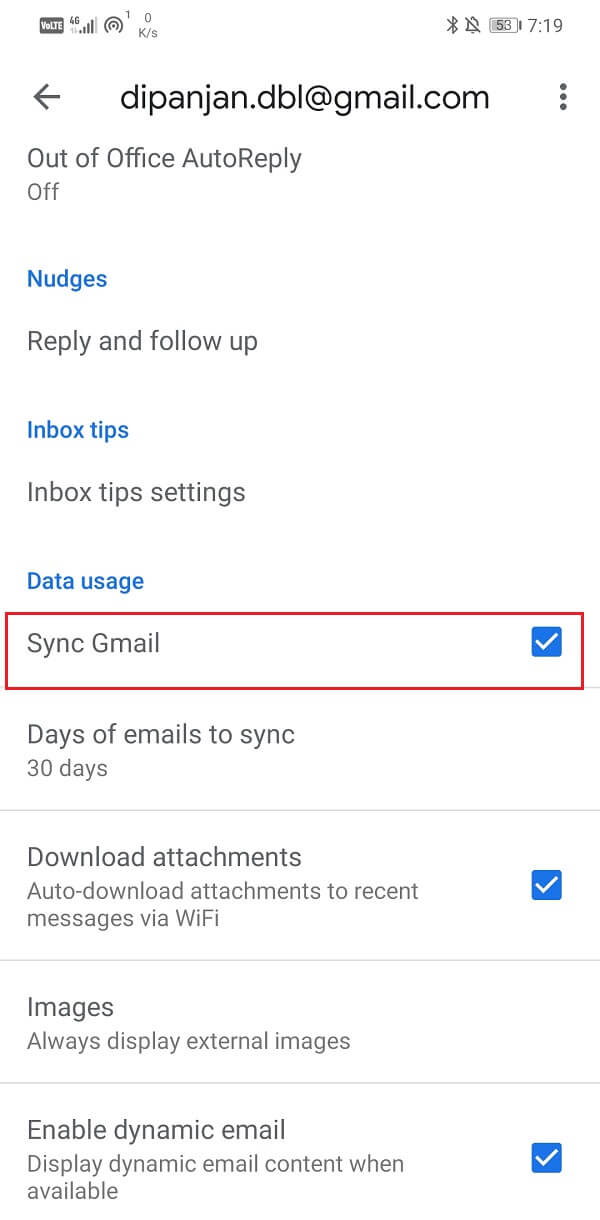 Checkbox next to Sync Gmail is selected