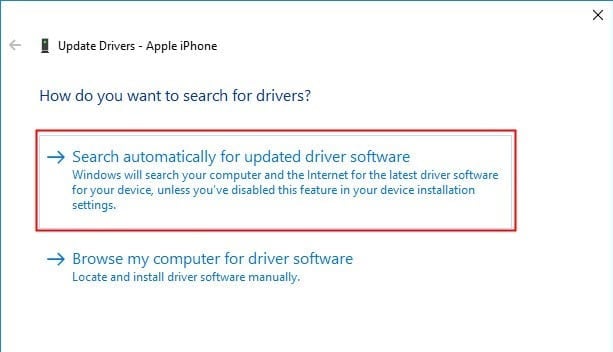 เลือกค้นหาด้วยตนเองสำหรับแอพไดรเวอร์ใหม่ iPhone ไม่แสดงในคอมพิวเตอร์ของฉัน