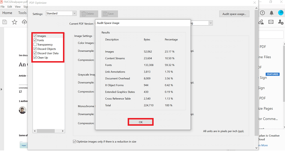 Alegeți elemente din caseta de selectare din partea stângă și faceți clic pe Ok. Cum să reduceți dimensiunea fișierului PDF fără a pierde calitatea
