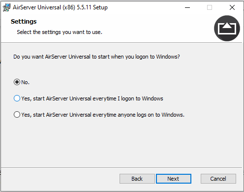 Choose no when Airser asks to start on Windows logon