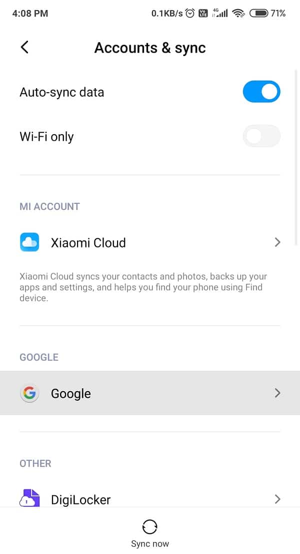 Choose the Google Account and check all the options in order to sync