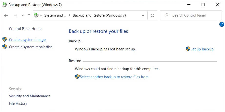 Cick on Create a system image from the left window pane | How to create a System Image Backup in Windows 10