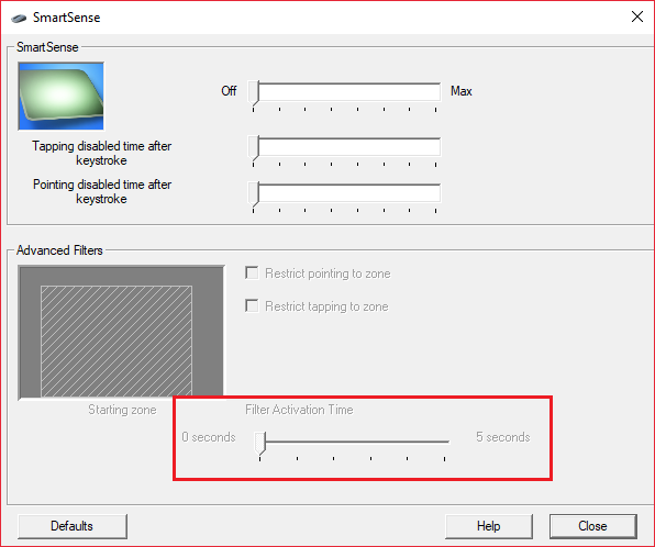 Click Advanced and set the Filter Activation Time slider to 0