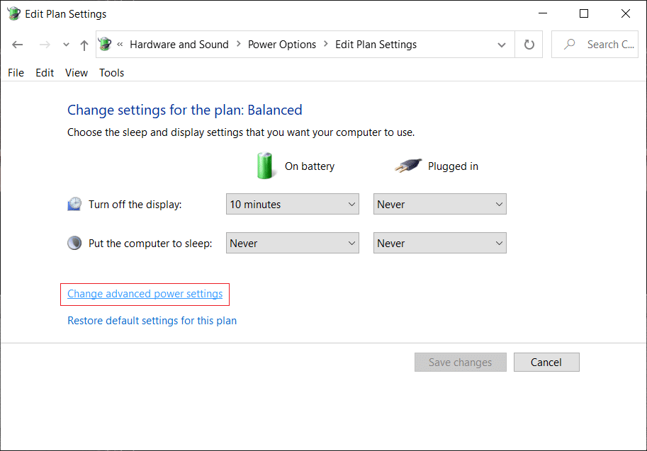Натисніть «Змінити розширені параметри живлення» внизу | Виправлення Неможливо налаштувати яскравість екрана в Windows 10
