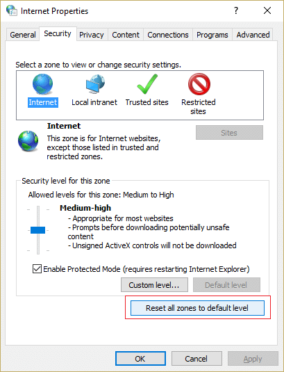 Click Reset all zones to default level in Internet Security settings