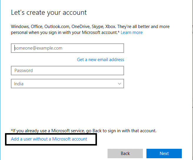 Click on Add a User without a Microsoft account at the bottom
