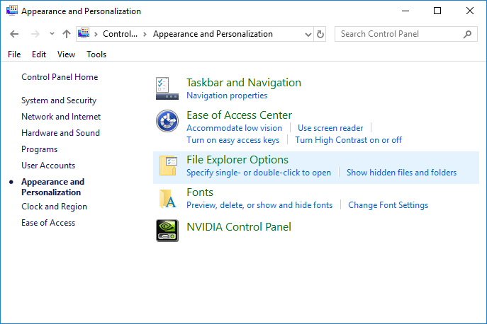 Click on Appearance and Personalization then click on File Explorer Options