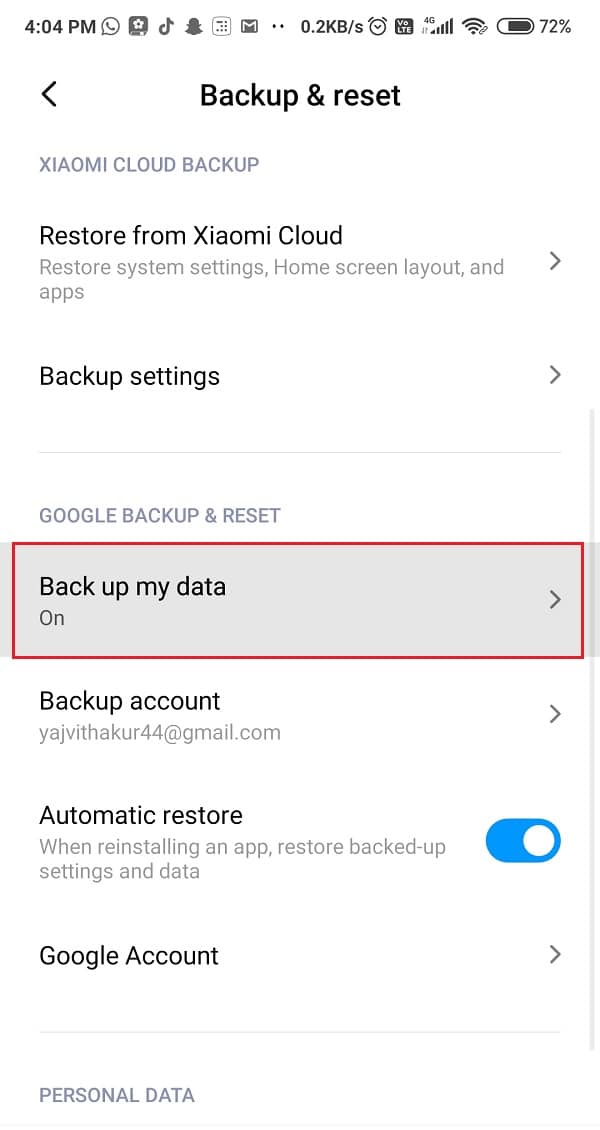 Click on Back up my data | How to Back up your Android Phone