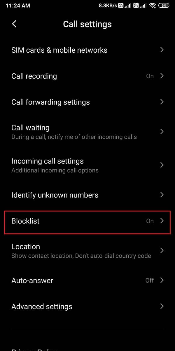 Click on Blocklist | Fix Android phone call goes straight to voicemail