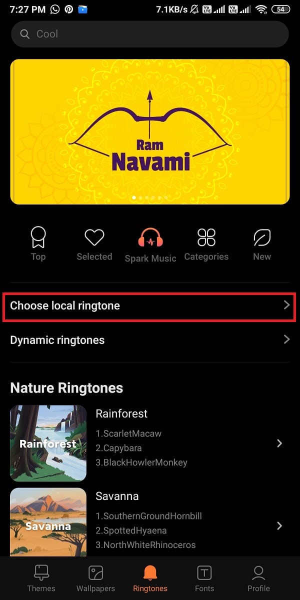Click on Choose a local ringtone