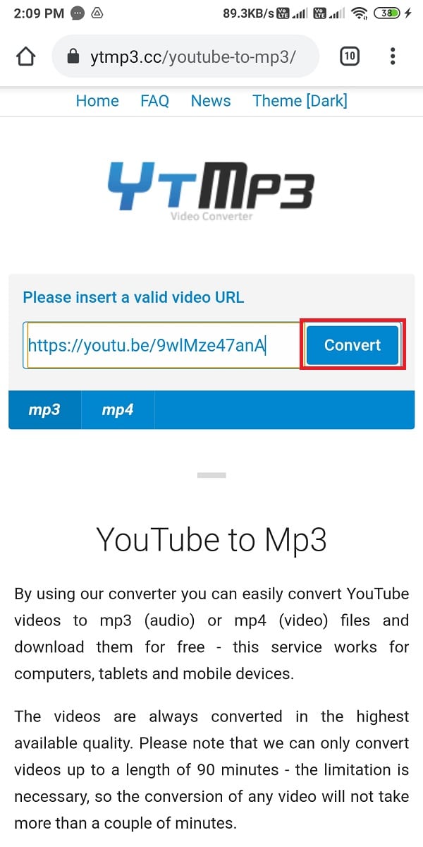 Click on Convert to start converting the YouTube video to an MP3 format
