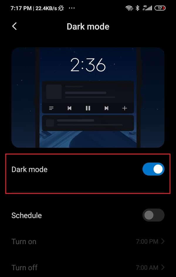 Click on Dark mode and then toggle the switch on to enable dark mode | Fix Screen Burn-in on AMOLED or LCD display