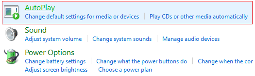 Click on Hardware and Sound then click Autoplay