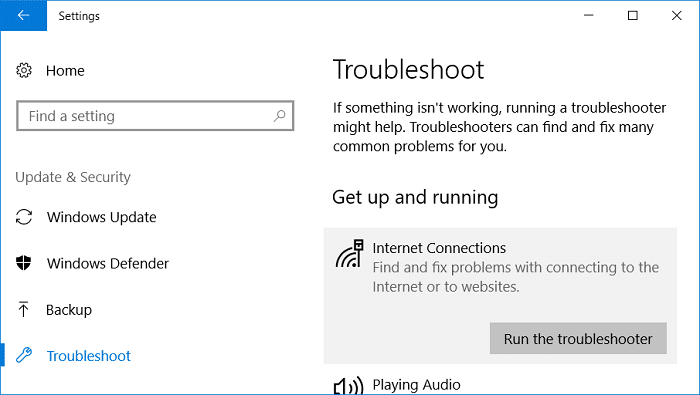 Click on Internet Connections and then click Run the troubleshooter