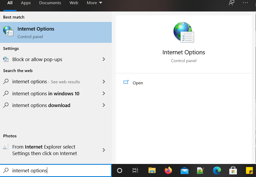 Click on Internet Options from Search result