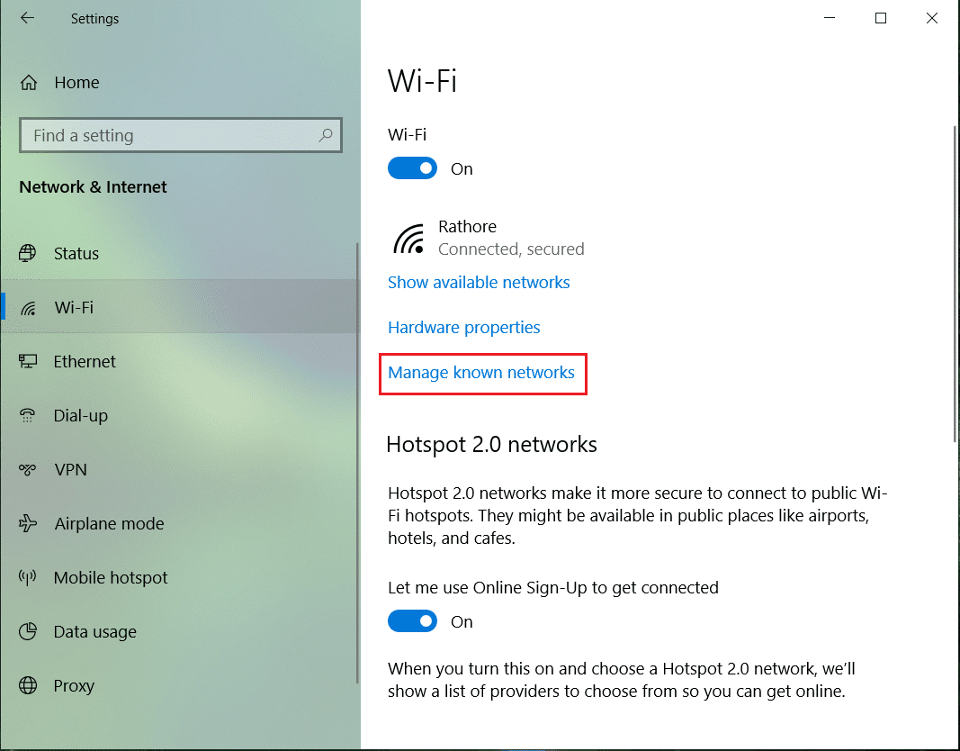 Click on Manage Known networks to get the list of saved networks | Fix Can't Connect to this network issue in Windows 10