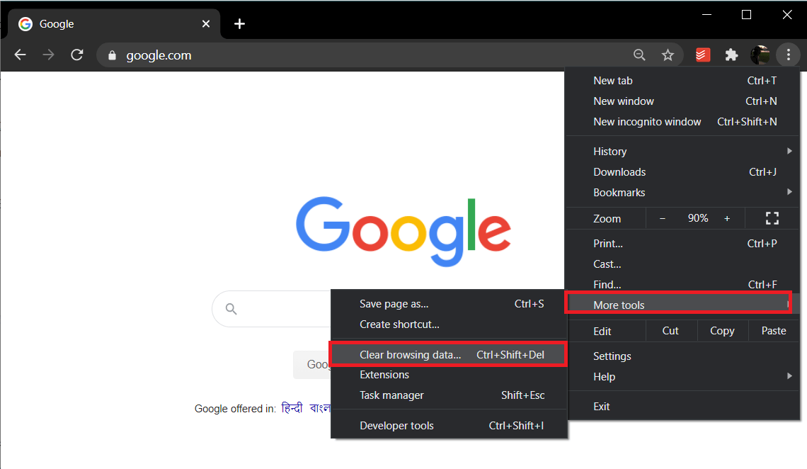 Click on More Tools and Select Clear Browsing Data from sub-menu | Fix Facebook Home Page Won't Load Properly