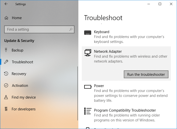 Click on Network Adapter and then click on Run the troubleshooter