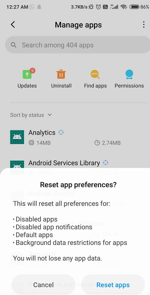 Click on Reset App Preferences