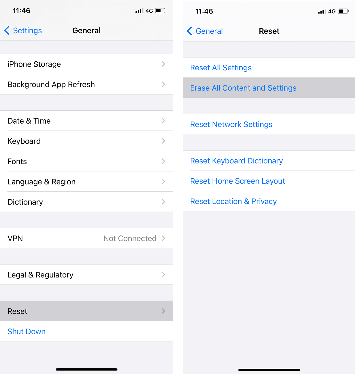Click on Reset and then go for the Erase All Content and Settings option | Fix iPhone 7 or 8 won't Turn Off