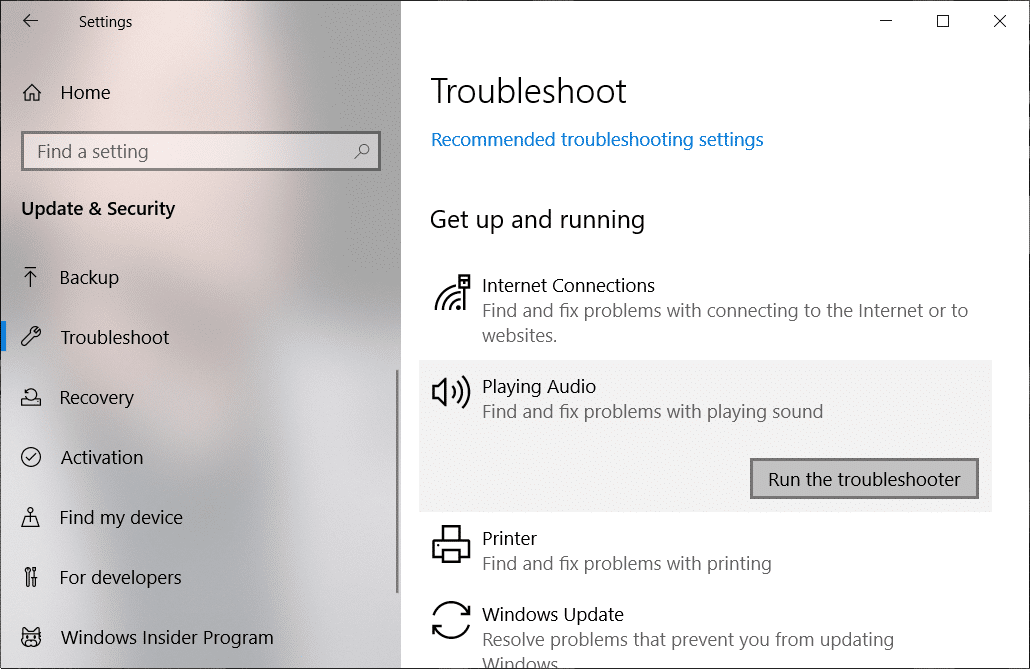 Click on Run the Troubleshooter under Playing Audio | Fix Audio Services Not Responding in Windows 10