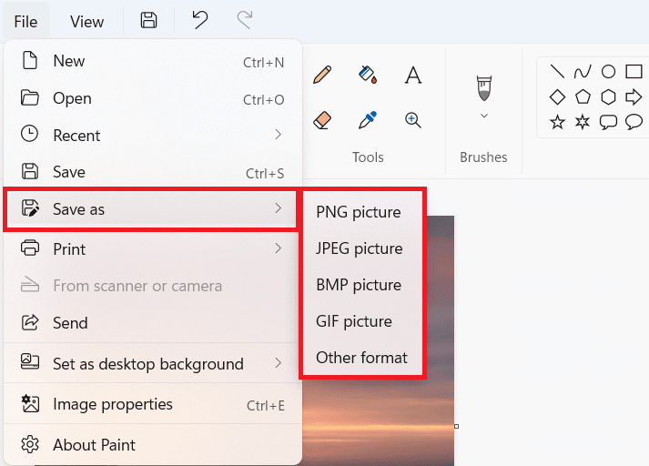 Click on Save as and choose the file extension type from the expanded list as per your preference