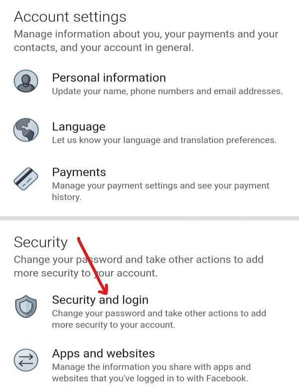 Click on Security and login under Settings