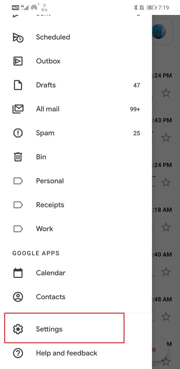 Click on Settings of Gmail | Fix Gmail not receiving emails on Android