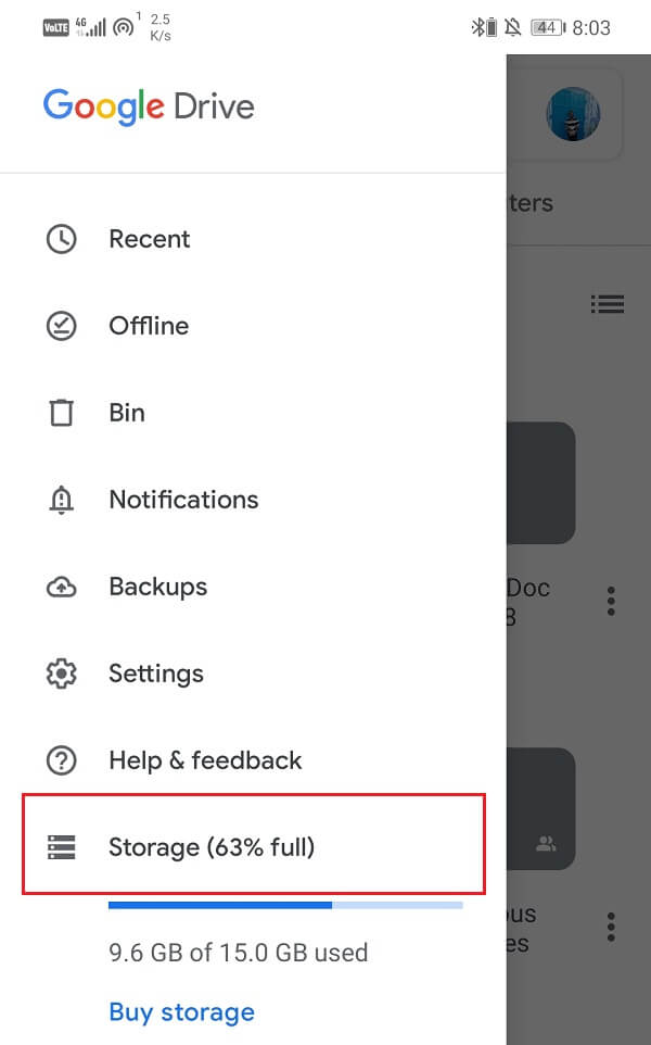 Click on Storage in Google Drive