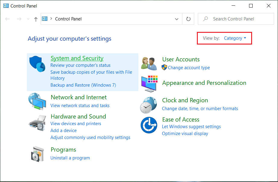 Click on System and Security and select View