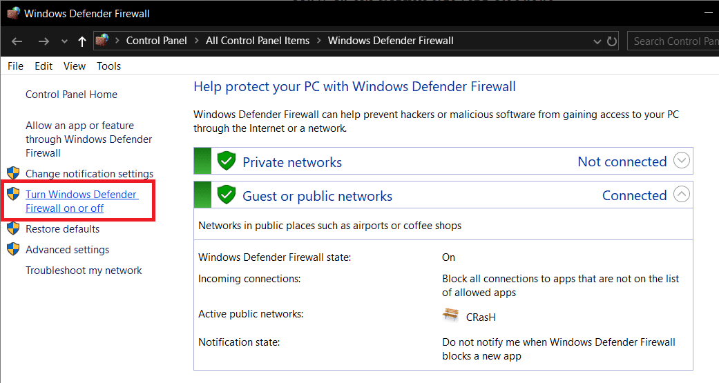 Click on Turn Windows Defender Firewall on or off present on the left side of the Firewall window